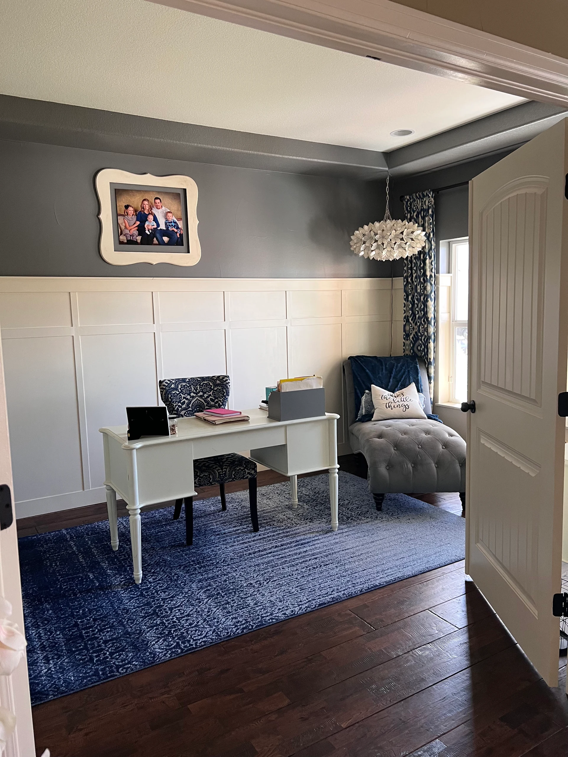 Office with shiplap accent wall